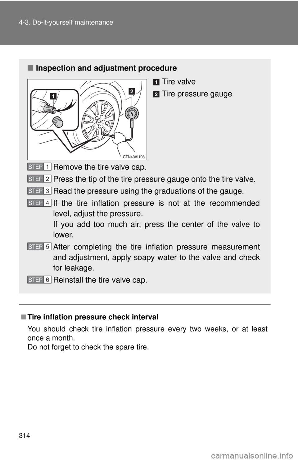 TOYOTA CAMRY HV 2009  Owners Manual 314 4-3. Do-it-yourself maintenance
■Tire inflation pressure check interval
You should check tire inflation pressure every two weeks, or at least
once a month.
Do not forget to check the spare tire.