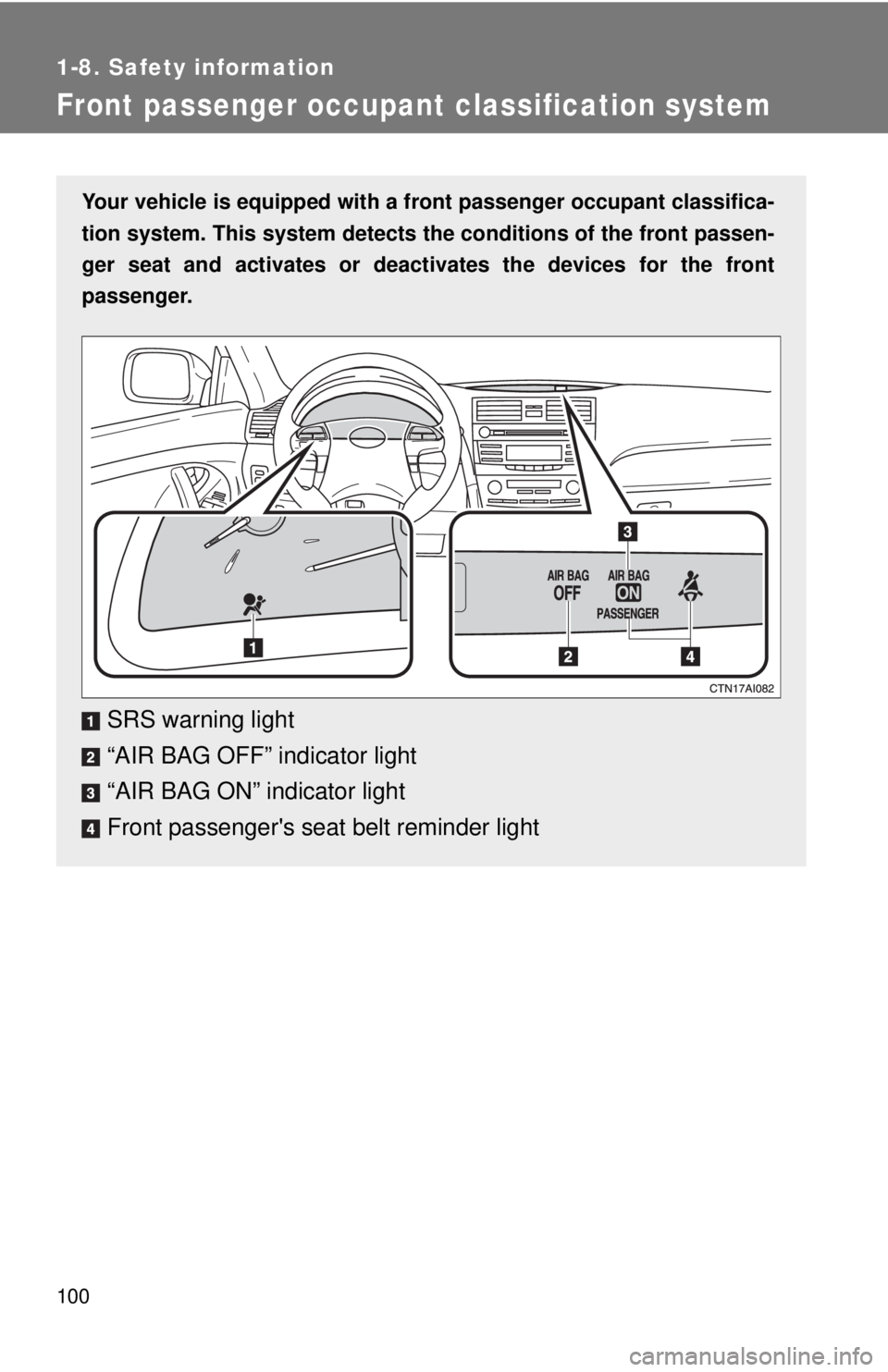 TOYOTA CAMRY HV 2009  Owners Manual 100
1-8. Safety information
Front passenger occupant classification system
Your vehicle is equipped with a front passenger occupant classifica-
tion system. This system detects the conditions of the f