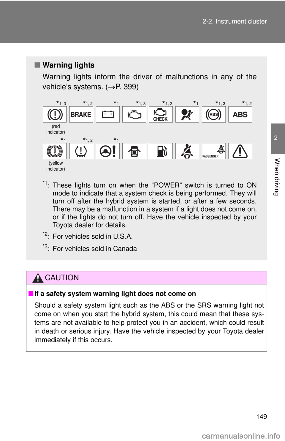 TOYOTA CAMRY HV 2011  Owners Manual 149
2-2. Instrument cluster
2
When driving
CAUTION
■
If a safety system warning light does not come on
Should a safety system light such as the ABS or the SRS warning light not
come on when you star