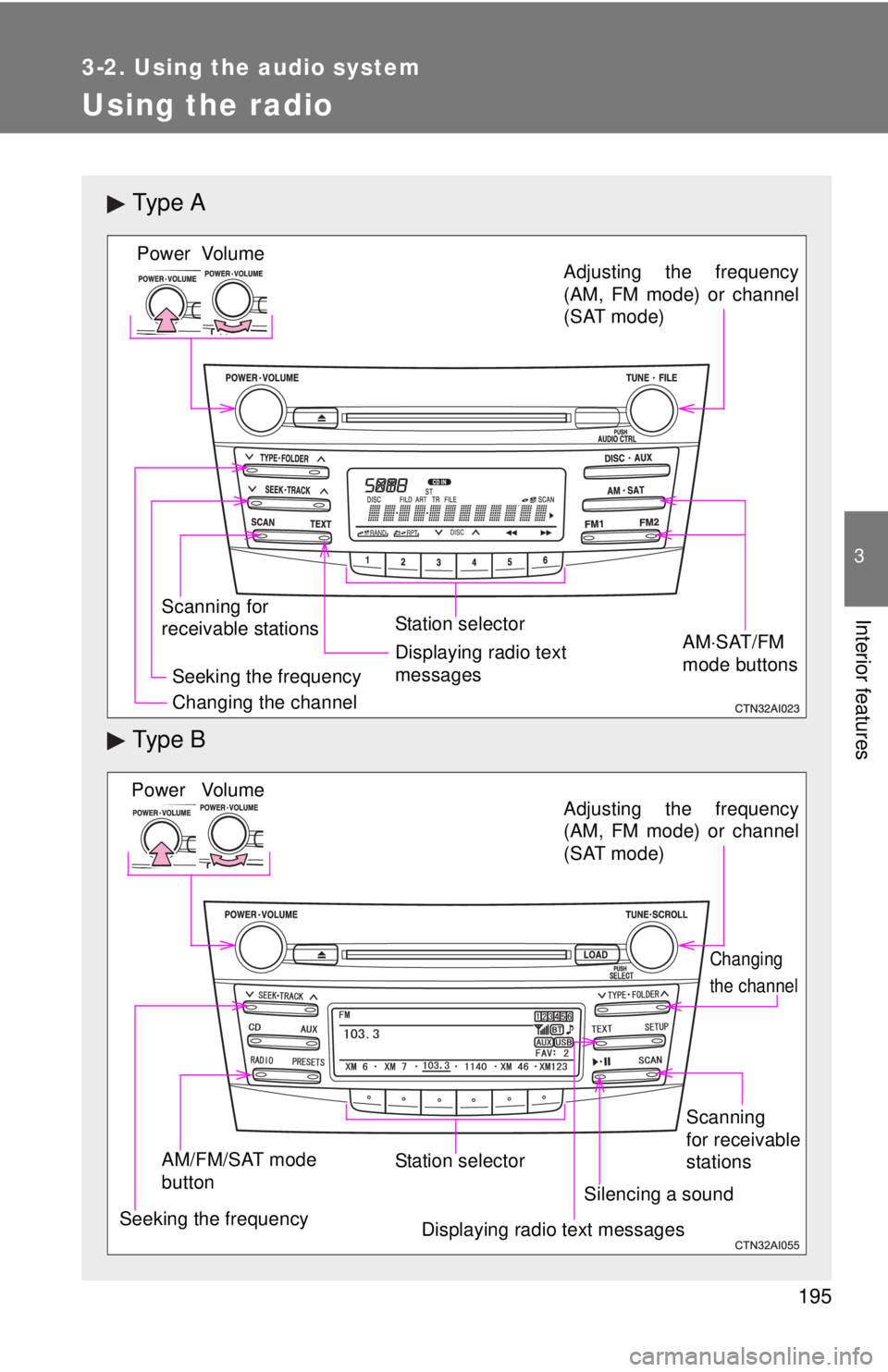 TOYOTA CAMRY HV 2011  Owners Manual 195
3-2. Using the audio system
3
Interior features
Using the radio
Ty p e  A
Ty p e  B
Vo lu m e
Scanning for 
receivable stations Station selector
Seeking the frequency Adjusting the frequency
(AM, 