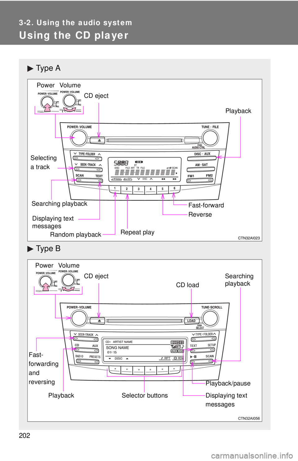 TOYOTA CAMRY HV 2011  Owners Manual 202
3-2. Using the audio system
Using the CD player
Ty p e  A
Ty p e  B
Vo lu m e
Random playback Repeat play Playback
Power
CD eject
Displaying text 
messages
Selecting
a track
Fast-forward
Reverse
S