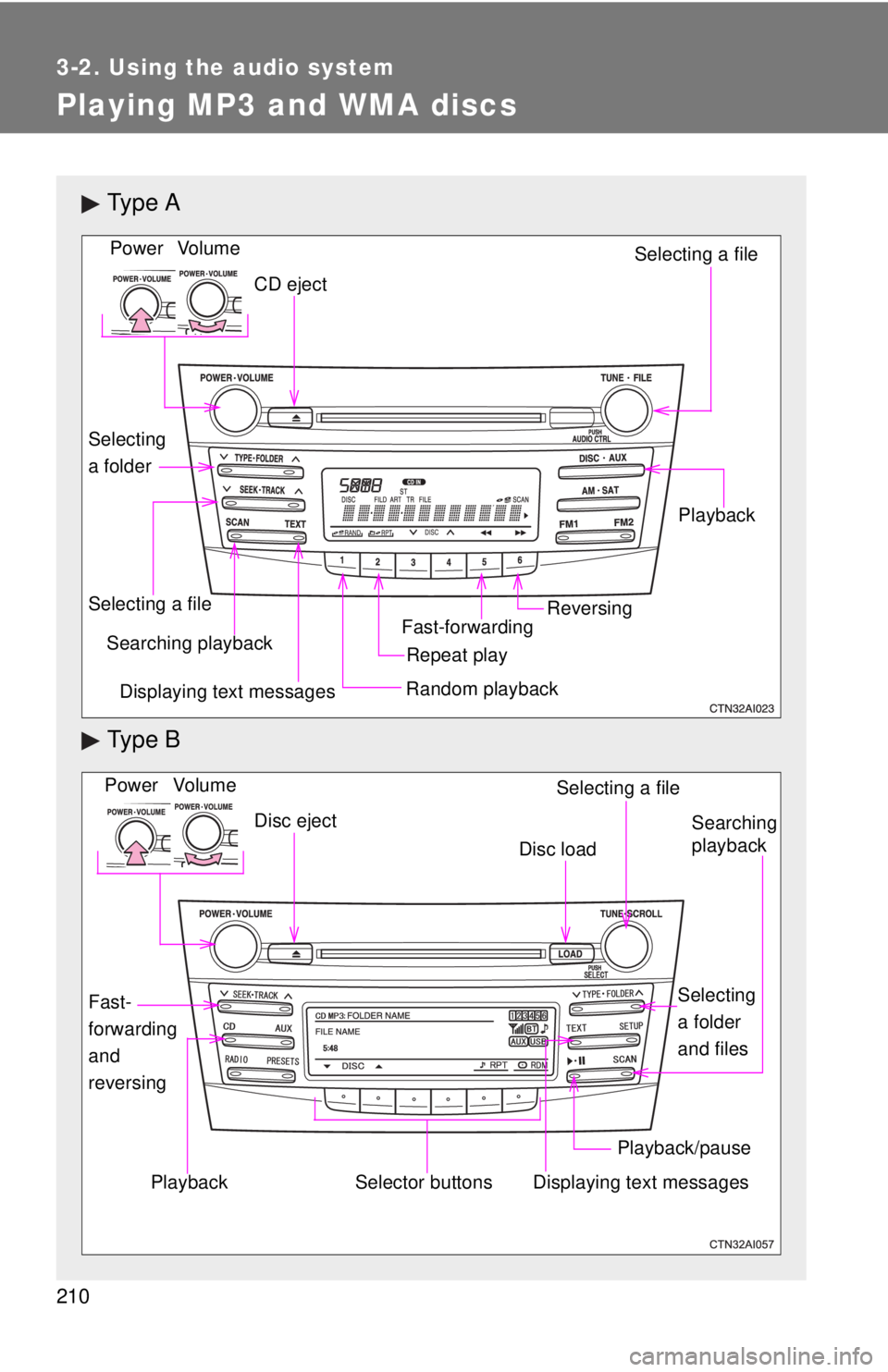 TOYOTA CAMRY HV 2011  Owners Manual 210
3-2. Using the audio system
Playing MP3 and WMA discs
Ty p e  A
Ty p e  B
Vo lu m eRandom playbackSelecting a file
Playback
Power
CD eject
Displaying text messages
Selecting a file
Repeat playSear