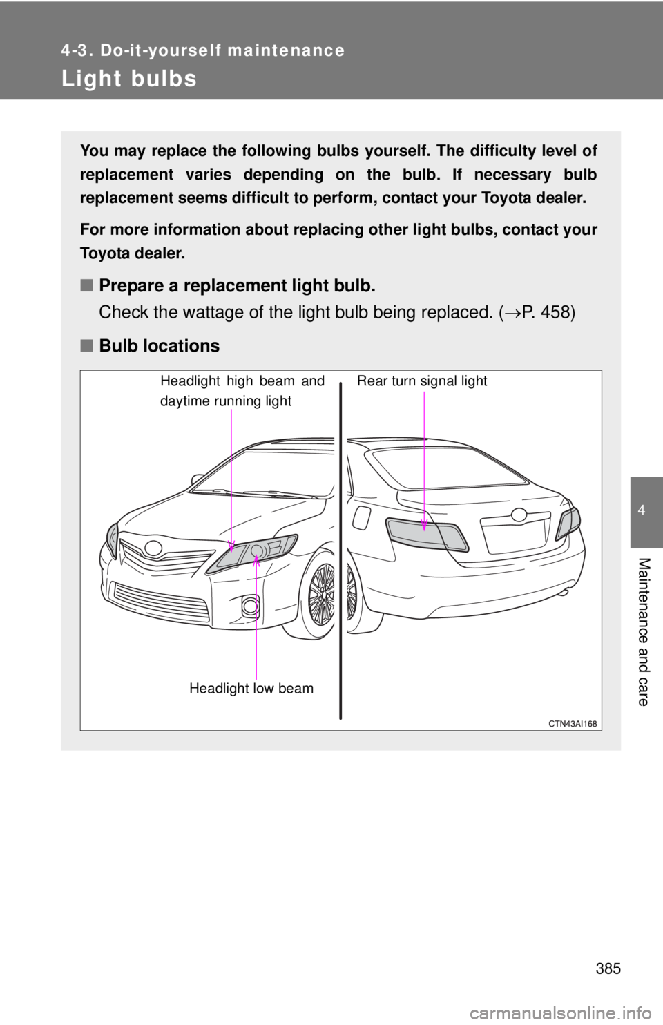 TOYOTA CAMRY HV 2011  Owners Manual 385
4-3. Do-it-yourself maintenance
4
Maintenance and care
Light bulbs
You may replace the following bulbs yourself. The difficulty level of
replacement varies depending on the bulb. If necessary bulb
