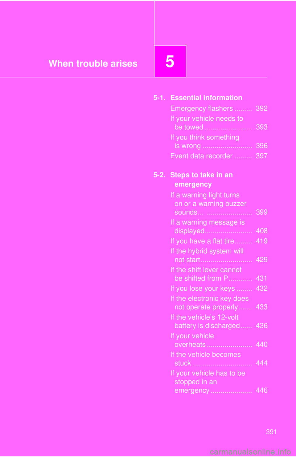 TOYOTA CAMRY HV 2011  Owners Manual When trouble arises5
391
5-1. Essential informationEmergency flashers .........  392
If your vehicle needs to be towed ........................  393
If you think something  is wrong ..................