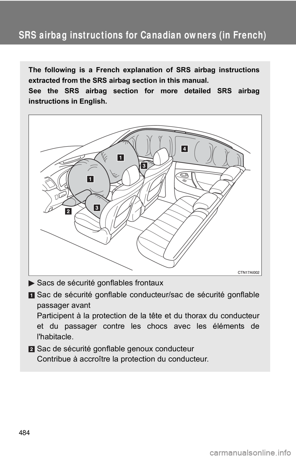 TOYOTA CAMRY HV 2011  Owners Manual 484
SRS airbag instructions for Canadian owners (in French)
The following is a French explanation of SRS airbag instructions
extracted from the SRS airbag section in this manual.
See the SRS airbag se