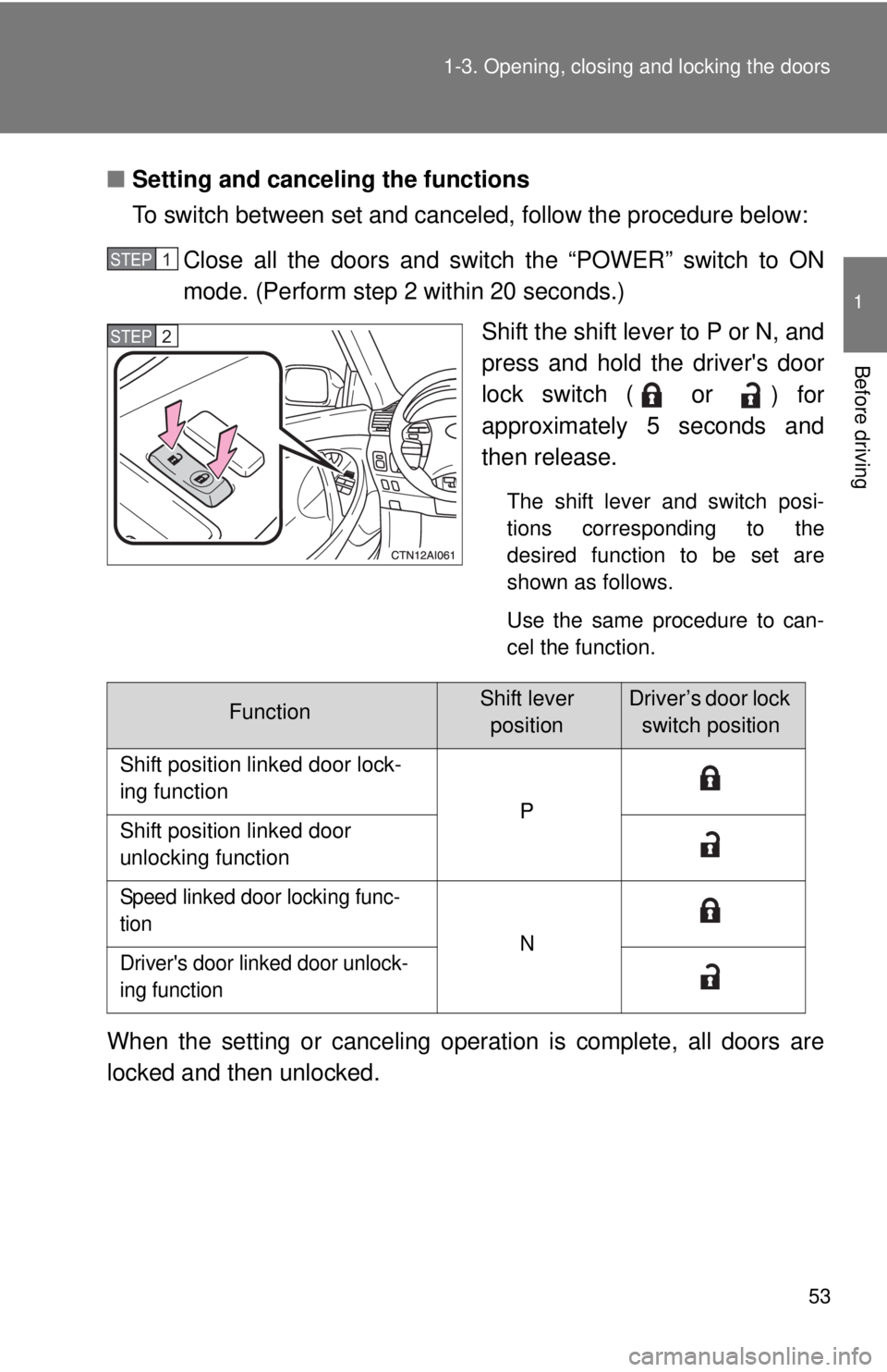 TOYOTA CAMRY HV 2011  Owners Manual 53
1-3. Opening, closing and locking the doors
1
Before driving
■
Setting and canceling the functions
To switch between set and canceled, follow the procedure below:
Close all the doors and switch t