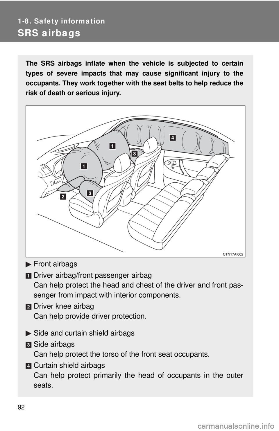TOYOTA CAMRY HV 2011  Owners Manual 92
1-8. Safety information
SRS airbags
The SRS airbags inflate when the vehicle is subjected to certain
types of severe impacts that may  cause significant injury to the
occupants. They work together 