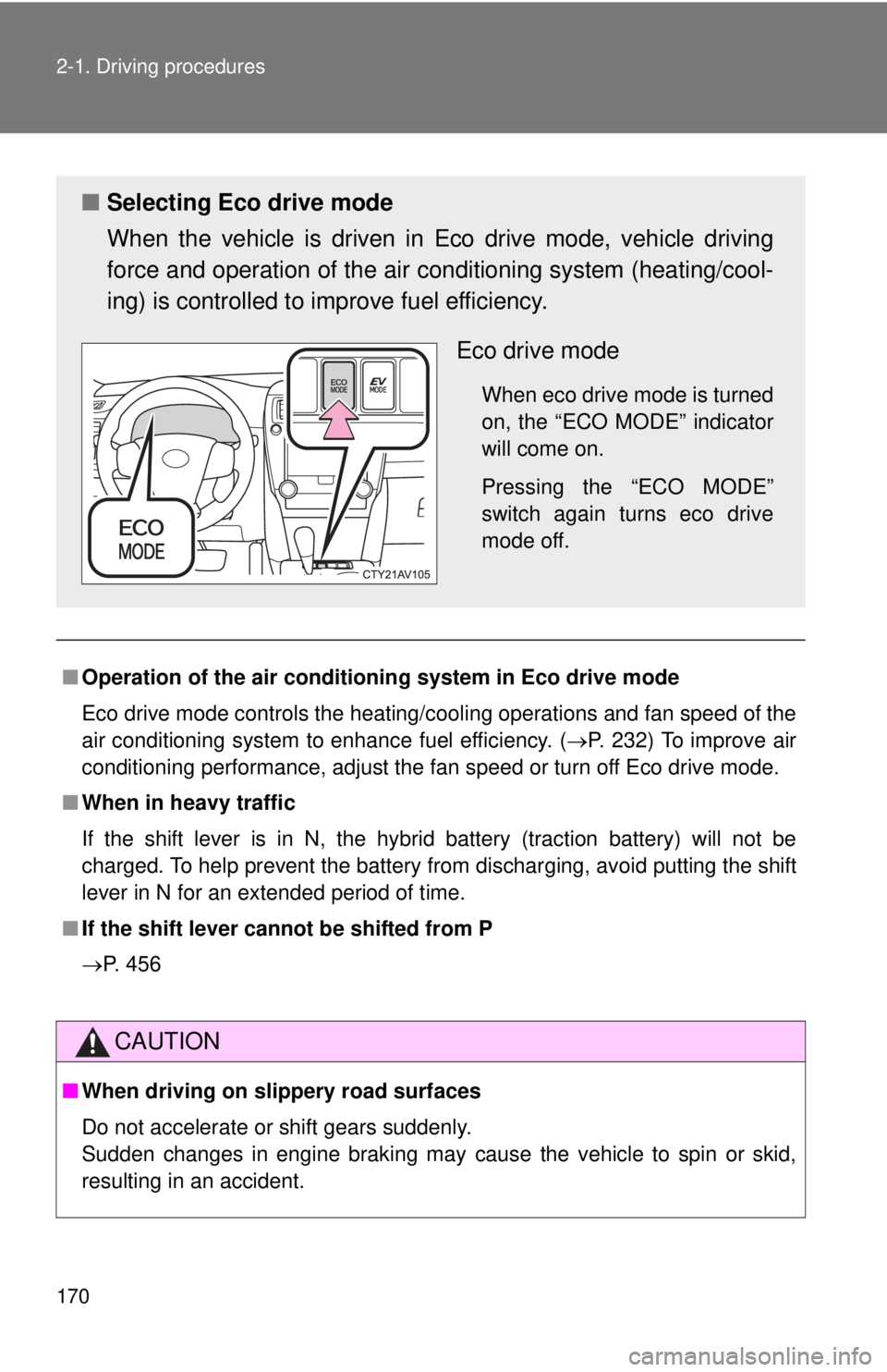 TOYOTA CAMRY HV 2012  Owners Manual 170 2-1. Driving procedures
■Operation of the air conditio ning system in Eco drive mode
Eco drive mode controls the heating/cooling operations and fan speed of the
air conditioning system to enhanc