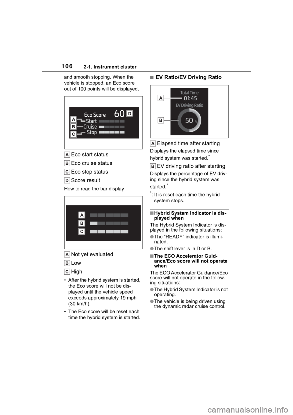 TOYOTA COROLLA HYBRID 2023  Owners Manual 1062-1. Instrument cluster
and smooth stopping. When the 
vehicle is stopped, an Eco score 
out of 100 po ints will be displayed.
Eco start status
Eco cruise status
Eco stop status
Score result
How to