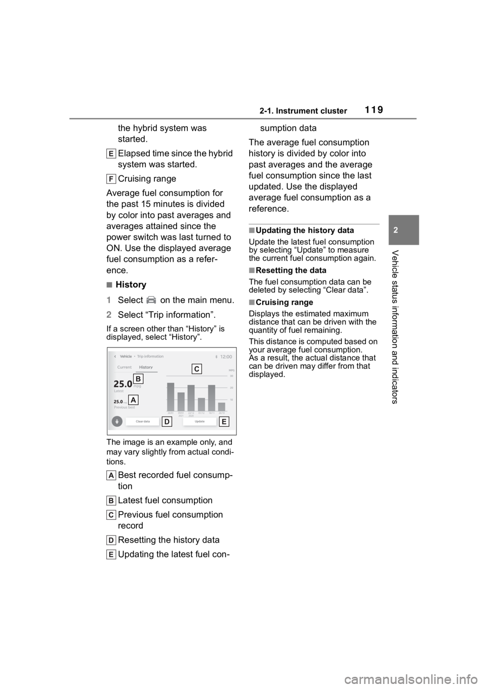 TOYOTA COROLLA HYBRID 2023  Owners Manual 1192-1. Instrument cluster
2
Vehicle status information and indicators
the hybrid system was 
started.
Elapsed time since the hybrid 
system was started.
Cruising range
Average fuel consumption for 
t