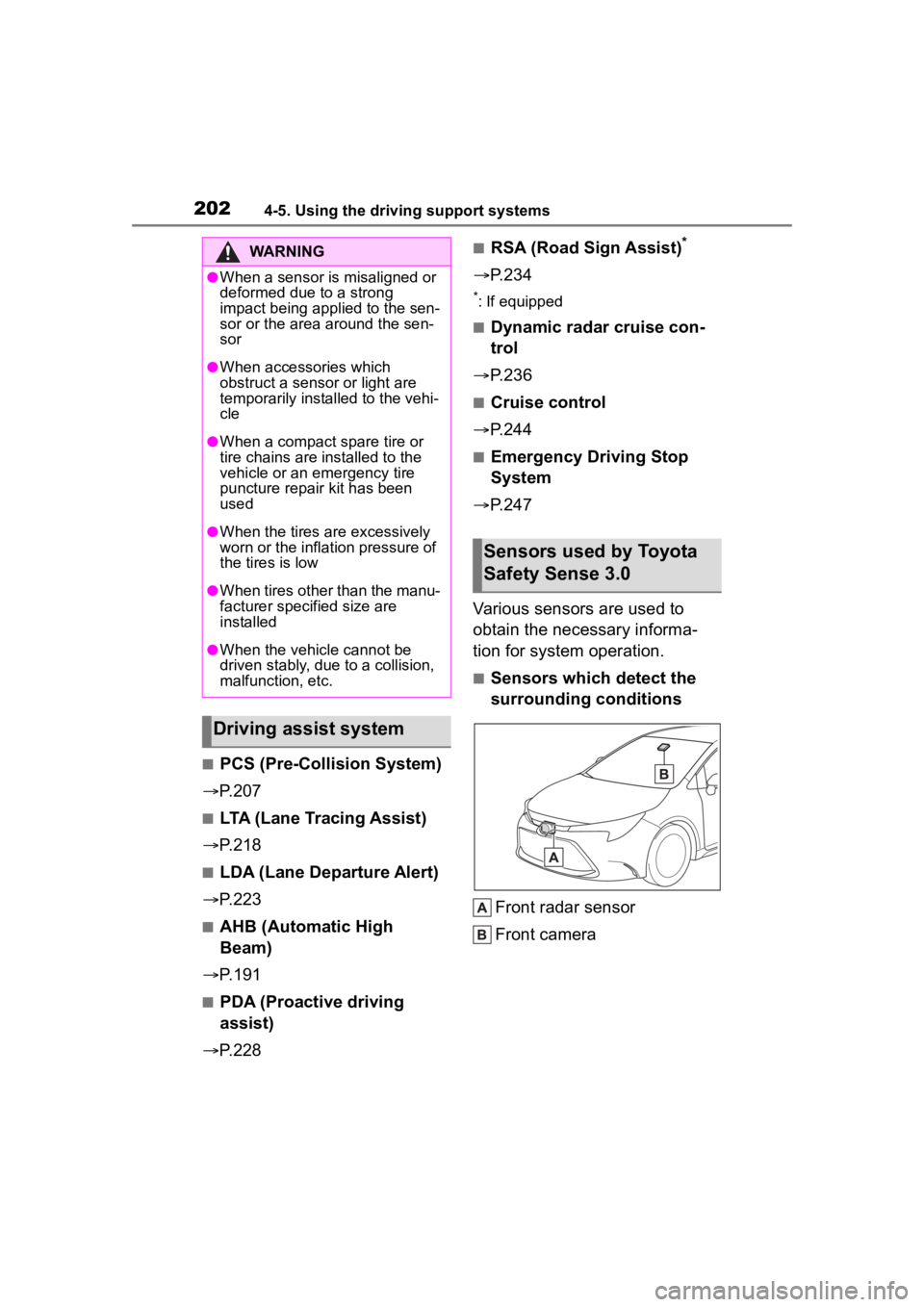 TOYOTA COROLLA HYBRID 2023  Owners Manual 2024-5. Using the driving support systems
■PCS (Pre-Collision System)
 P.207
■LTA (Lane Tracing Assist)
 P.218
■LDA (Lane Departure Alert)
 P.223
■AHB (Automatic High 
Beam)
 P.191