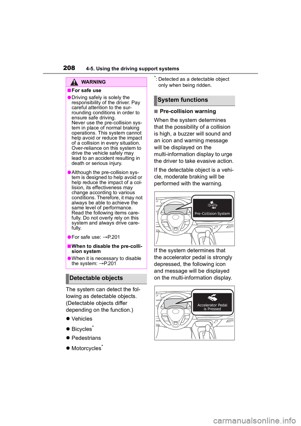 TOYOTA COROLLA HYBRID 2023  Owners Manual 2084-5. Using the driving support systems
The system can detect the fol-
lowing as detectable objects. 
(Detectable objects differ 
depending on the function.)
Vehicles
 Bicycles
*
Pedestrian