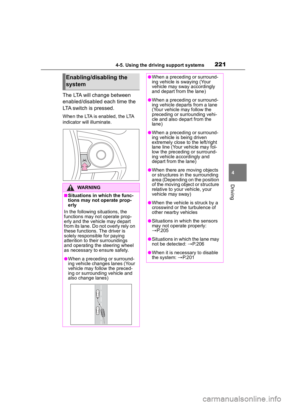 TOYOTA COROLLA HYBRID 2023  Owners Manual 2214-5. Using the driving support systems
4
Driving
The LTA will change between 
enabled/disabled each time the 
LTA switch is pressed.
When the LTA is enabled, the LTA 
indicator will illuminate.
Ena
