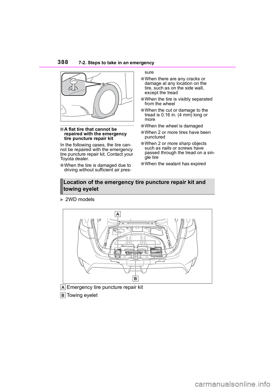 TOYOTA COROLLA HYBRID 2023  Owners Manual 3887-2. Steps to take in an emergency
■A flat tire that cannot be 
repaired with the emergency 
tire puncture  repair kit
In the following ca ses, the tire can-
not be repaired with the emergency 
t