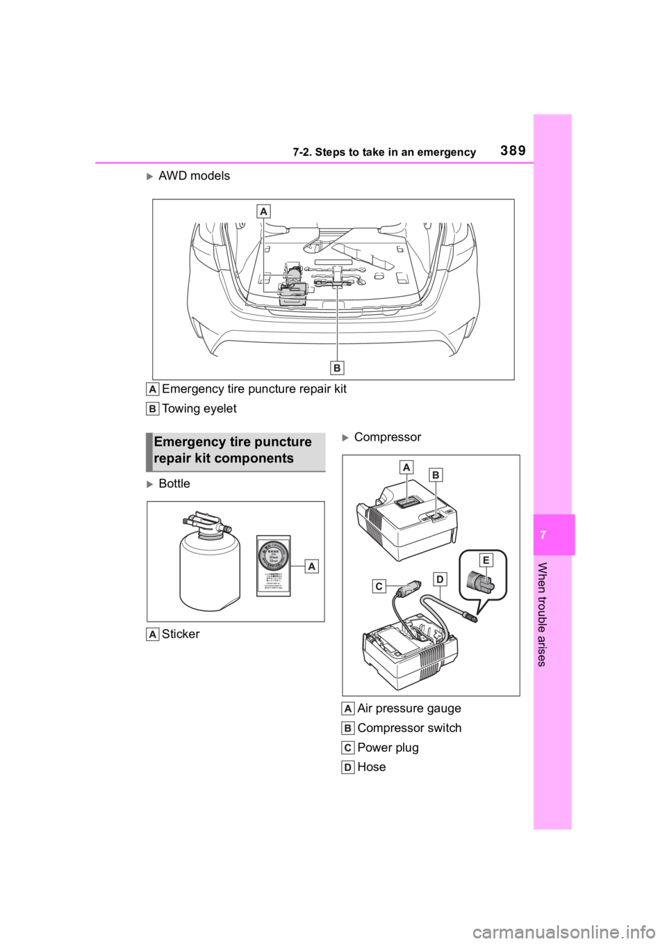 TOYOTA COROLLA HYBRID 2023  Owners Manual 3897-2. Steps to take in an emergency
7
When trouble arises
AWD models
Emergency tire puncture repair kit
Towing eyelet
BottleSticker
Compressor
Air pressure gauge
Compressor switch
Power plu
