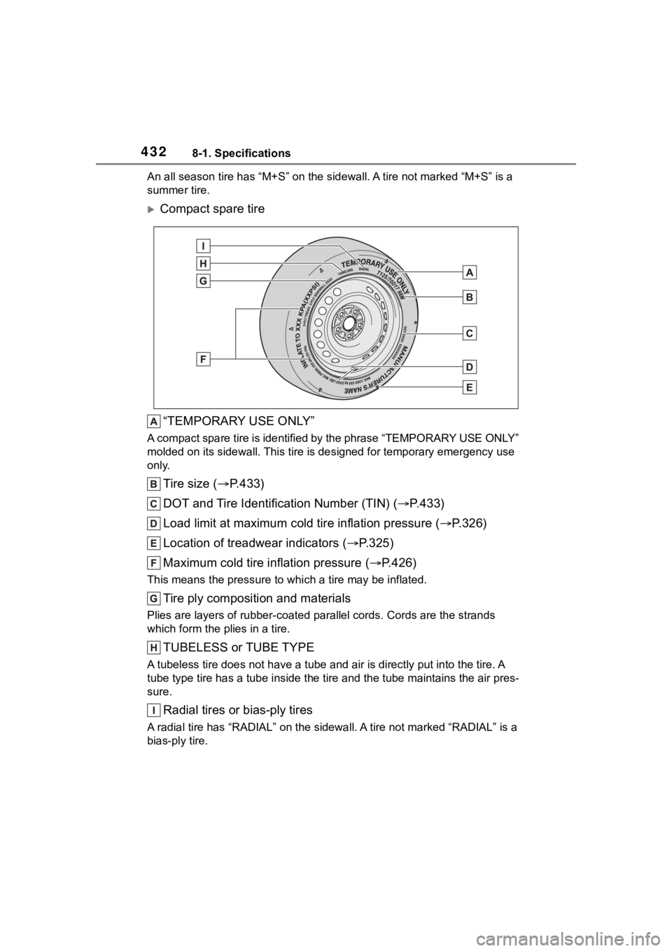 TOYOTA COROLLA HYBRID 2023  Owners Manual 4328-1. Specifications
An all season tire has “M+S” on the sidewal l. A tire not marked “M+S” is a 
summer tire.
Compact spare tire
“TEMPORARY USE ONLY”
A compact spare tire is identifi