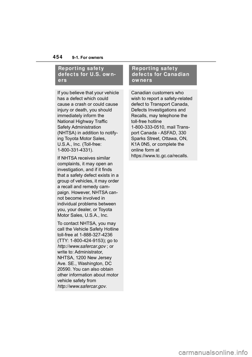 TOYOTA COROLLA HYBRID 2023  Owners Manual 4549-1. For owners
9-1.For owners
Repor ting safety 
defects for U.S. own-
ers
If you believe that your vehicle 
has a defect which could 
cause a crash or could cause 
injury or death, you should 
im