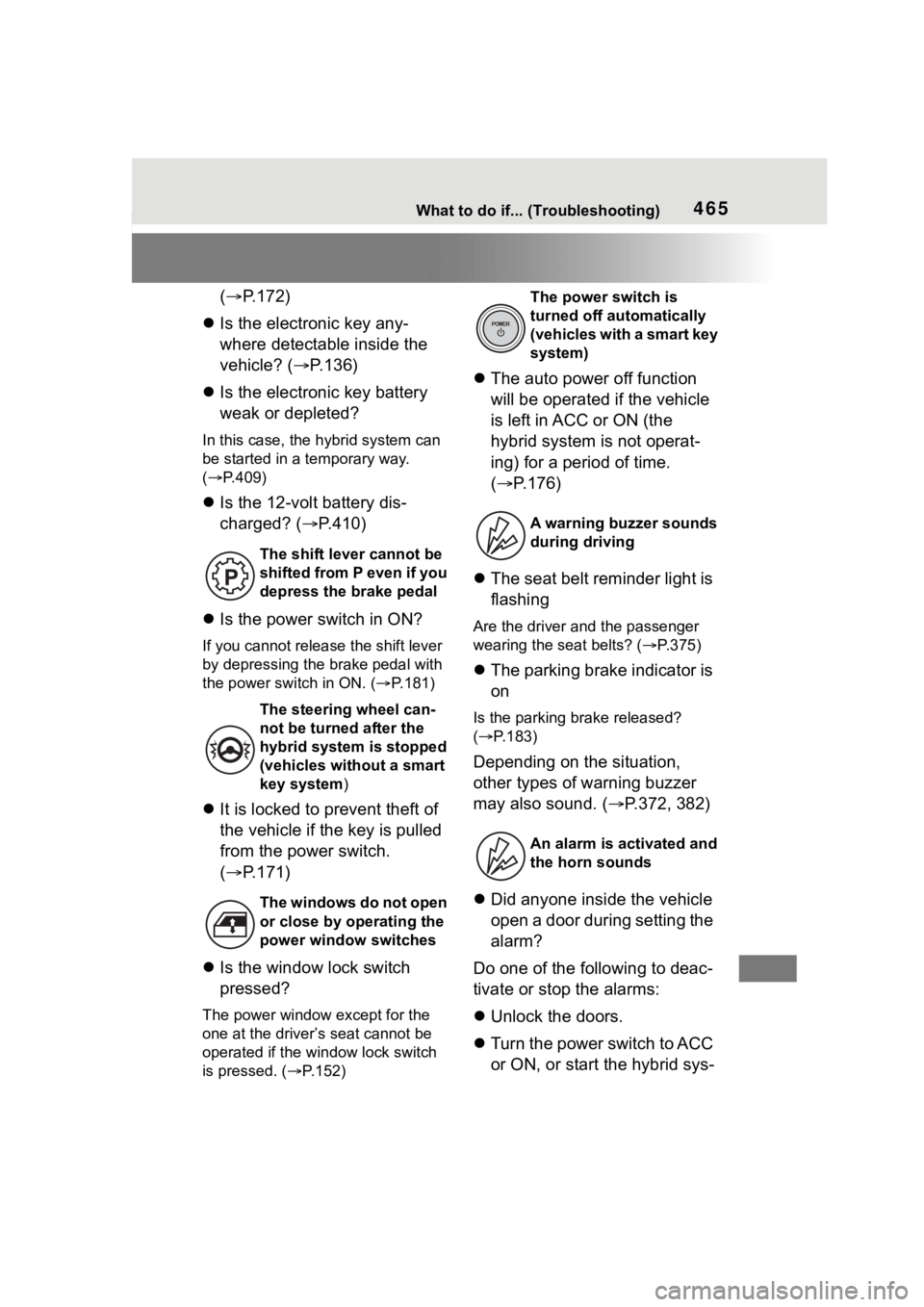 TOYOTA COROLLA HYBRID 2023 Owners Manual 465What to do if... (Troubleshooting)
(P.172)
Is the electronic key any-
where detectable inside the
vehicle? ( P.136)
Is the electronic key battery
weak or depleted?
In this case, the TOYOTA COROLLA HYBRID 2023 Owners Manual 465What to do if... (Troubleshooting)
(P.172)
Is the electronic key any-
where detectable inside the
vehicle? ( P.136)
Is the electronic key battery
weak or depleted?
In this case, the