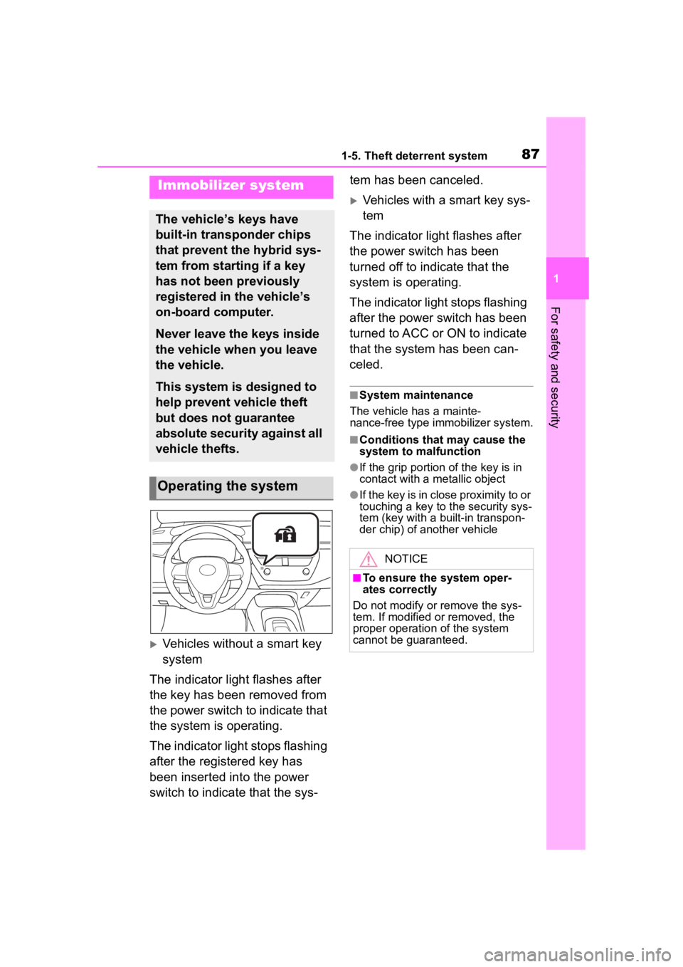 TOYOTA COROLLA HYBRID 2023  Owners Manual 871-5. Theft deterrent system
1
For safety and security
1-5.Theft deterrent system
Vehicles without a smart key 
system
The indicator light flashes after 
the key has been removed from 
the power s