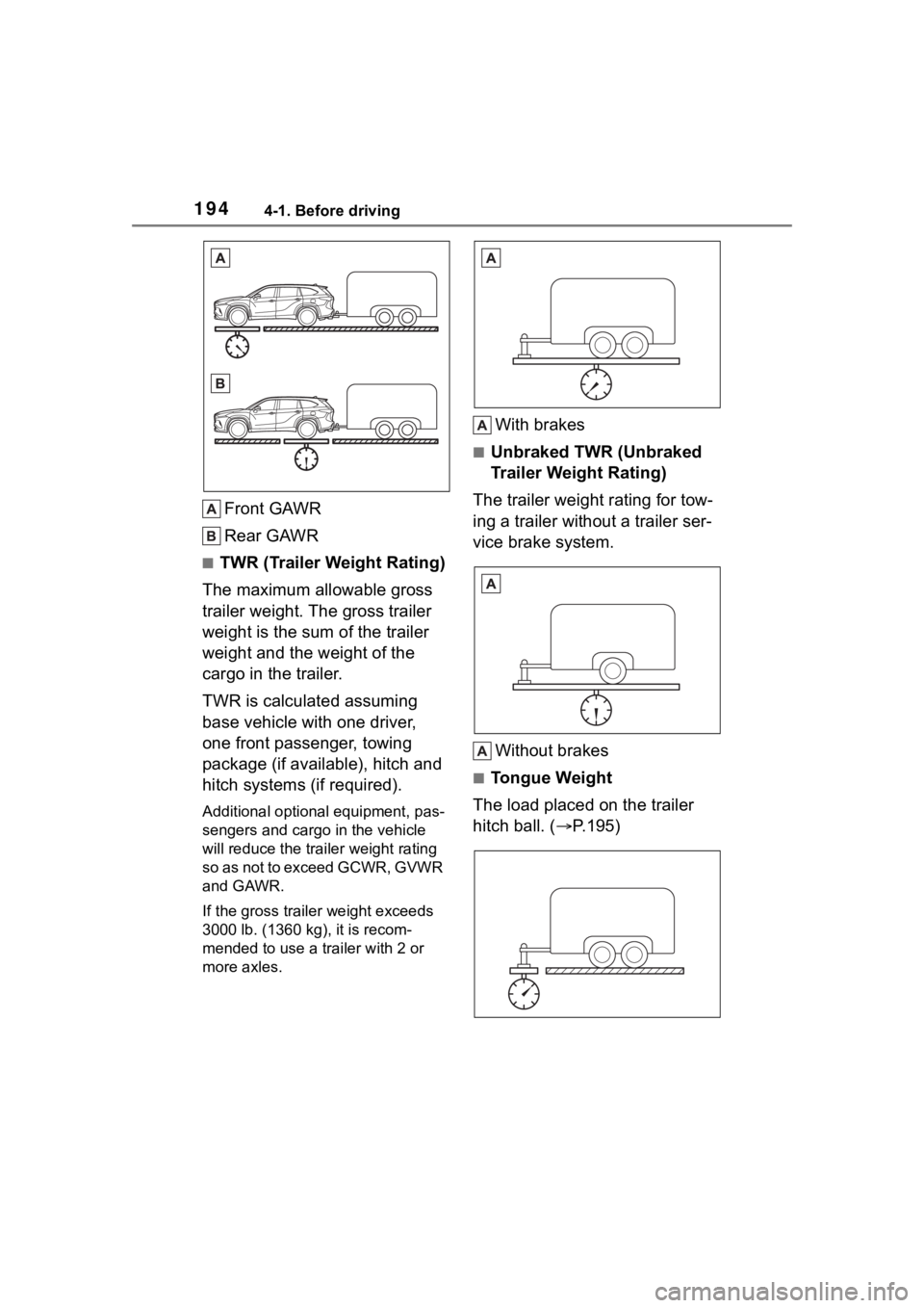 TOYOTA HIGHLANDER 2022  Owners Manual 1944-1. Before driving
Front GAWR
Rear GAWR
■TWR (Trailer Weight Rating)
The maximum allowable gross 
trailer weight. The gross trailer 
weight is the sum of the trailer 
weight and the weight of th
