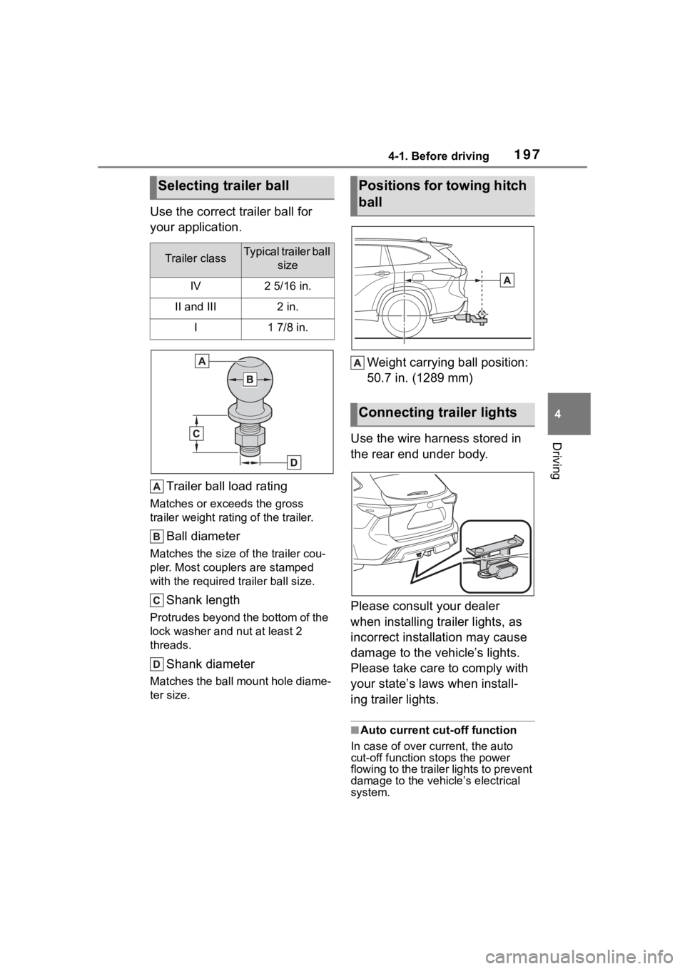 TOYOTA HIGHLANDER 2022  Owners Manual 1974-1. Before driving
4
Driving
Use the correct trailer ball for 
your application.Trailer ball load rating
Matches or exceeds the gross 
trailer weight rat ing of the trailer.
Ball diameter
Matches 