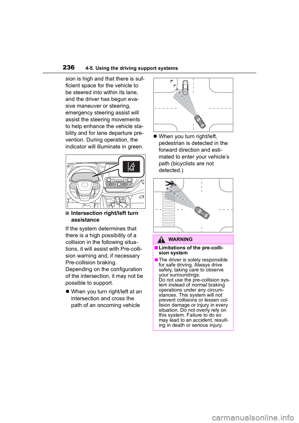 TOYOTA HIGHLANDER 2022  Owners Manual 2364-5. Using the driving support systems
sion is high and that there is suf-
ficient space for the vehicle to 
be steered into within its lane, 
and the driver has begun eva-
sive maneuver or steerin