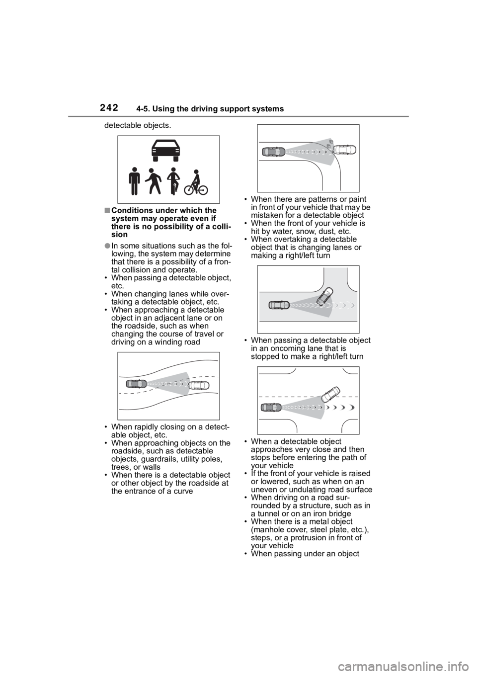 TOYOTA HIGHLANDER 2022  Owners Manual 2424-5. Using the driving support systems
detectable objects.
■Conditions under which the 
system may operate even if 
there is no possibility of a colli-
sion
●In some situations such as the fol-