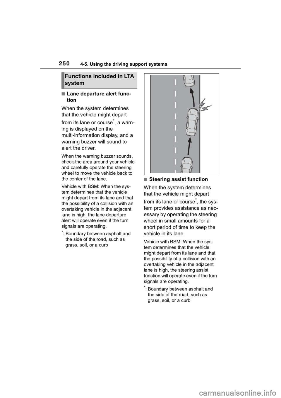 TOYOTA HIGHLANDER 2022  Owners Manual 2504-5. Using the driving support systems
■Lane departure alert func-
tion
When the system determines 
that the vehicle might depart 
from its lane or course
*, a warn-
ing is displayed on the 
mult