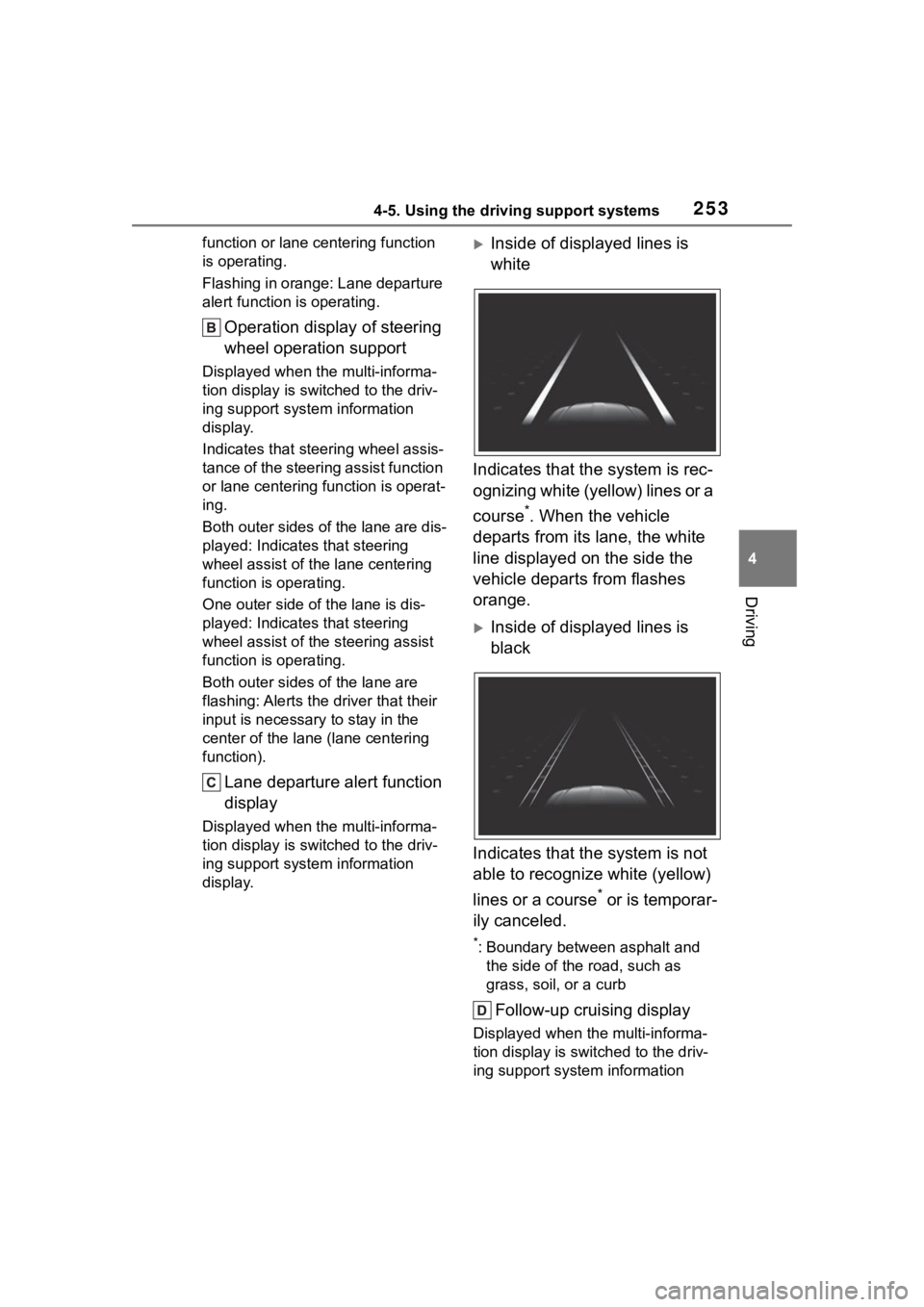 TOYOTA HIGHLANDER 2022  Owners Manual 2534-5. Using the driving support systems
4
Driving
function or lane centering function 
is operating.
Flashing in orange: Lane departure 
alert function is operating.
Operation display of steering 
w