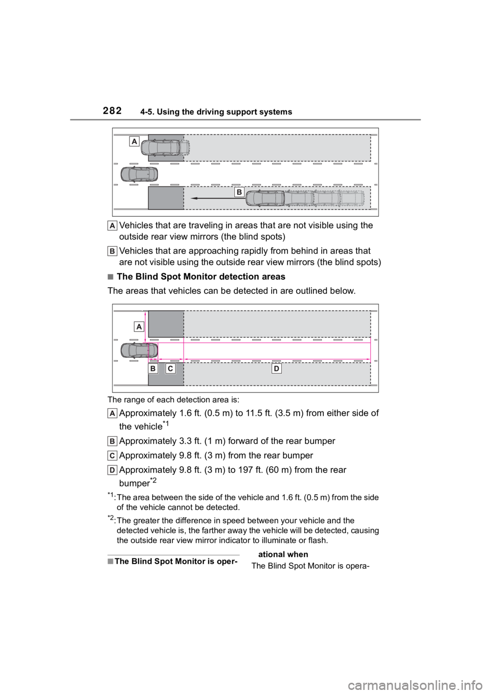 TOYOTA HIGHLANDER 2022  Owners Manual 2824-5. Using the driving support systems
Vehicles that are traveling in areas that are not visible using the 
outside rear view mirrors (the blind spots)
Vehicles that are approaching r apidly from b