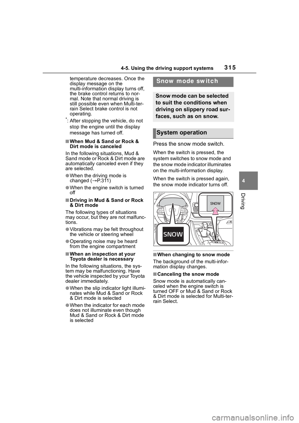 TOYOTA HIGHLANDER 2022  Owners Manual 3154-5. Using the driving support systems
4
Driving
temperature decreases. Once the 
display message on the 
multi-information display turns off, 
the brake control returns to nor-
mal. Note that norm