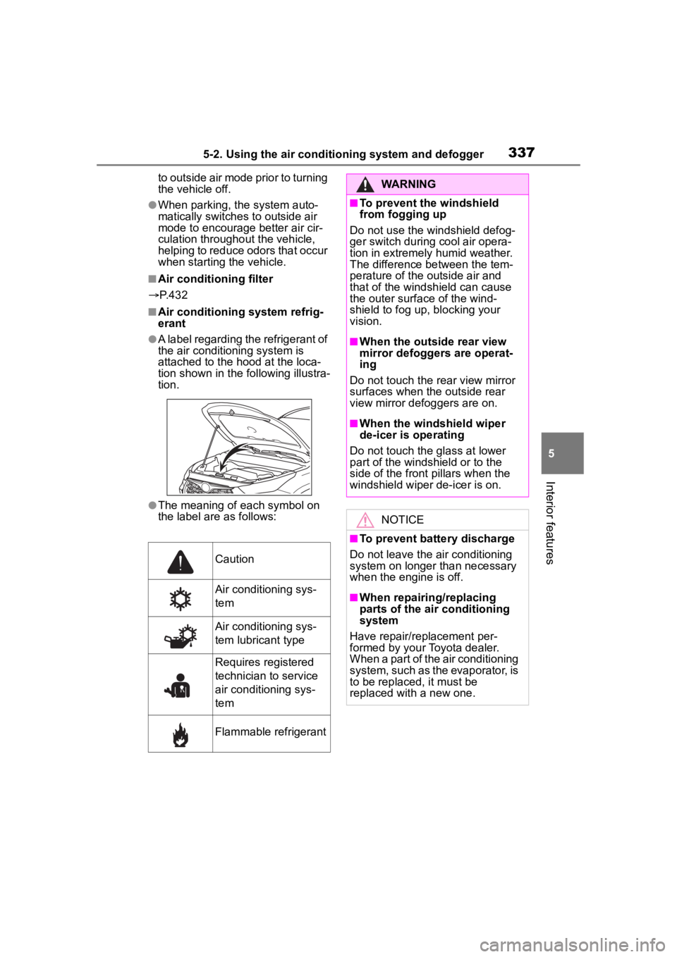 TOYOTA HIGHLANDER 2022  Owners Manual 3375-2. Using the air conditioning system and defogger
5
Interior features
to outside air mode prior to turning 
the vehicle off.
●When parking, the system auto-
matically switches to outside air 
m