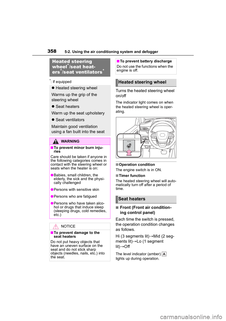 TOYOTA HIGHLANDER 2022 Owners Manual 3585-2. Using the air conditioning system and defogger
*: If equipped
Turns the heated steering wheel
on/off
The indicator light comes on when
the heated steering wheel is oper-
ating.
■Operation TOYOTA HIGHLANDER 2022 Owners Manual 3585-2. Using the air conditioning system and defogger
*: If equipped
Turns the heated steering wheel
on/off
The indicator light comes on when
the heated steering wheel is oper-
ating.
■Operation