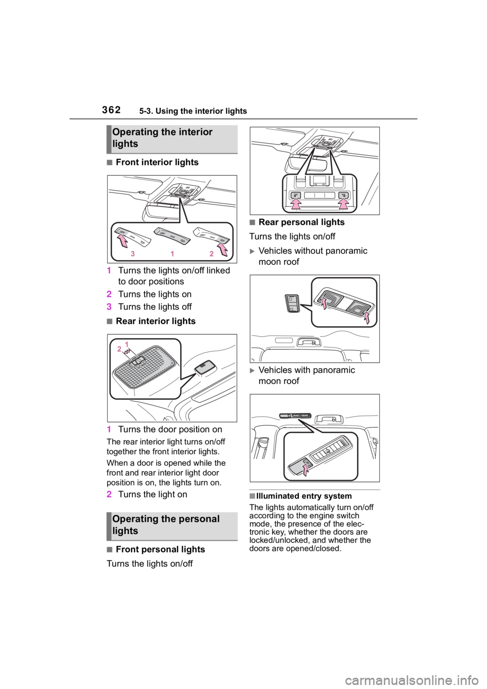 TOYOTA HIGHLANDER 2022  Owners Manual 3625-3. Using the interior lights
■Front interior lights
1 Turns the lights on/off linked 
to door positions
2 Turns the lights on
3 Turns the lights off
■Rear interior lights
1 Turns the door pos