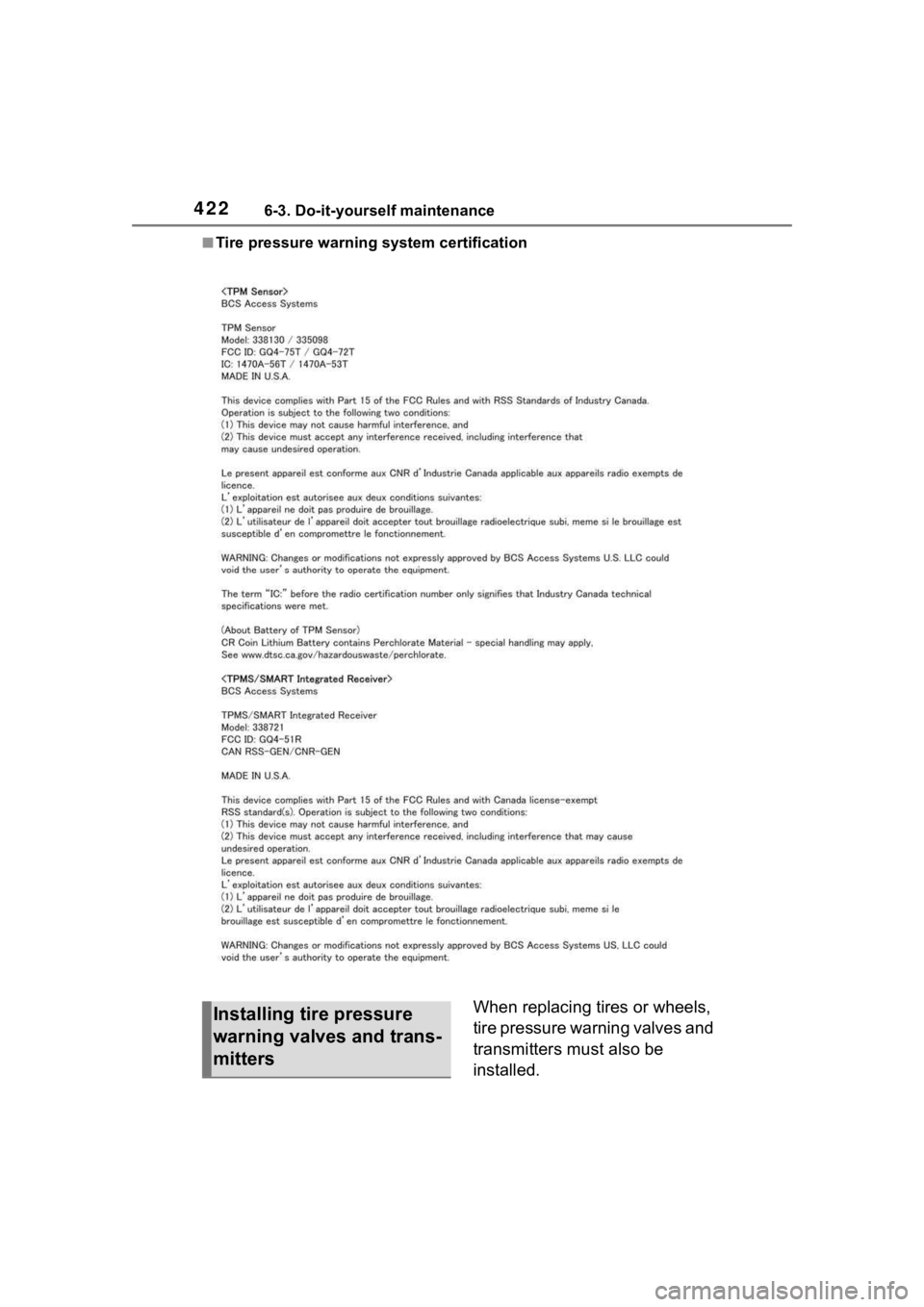 TOYOTA HIGHLANDER 2022  Owners Manual 4226-3. Do-it-yourself maintenance
■Tire pressure warning  system certification
When replacing tires or wheels, 
tire pressure warning valves and 
transmitters must also be 
installed.Installing tir