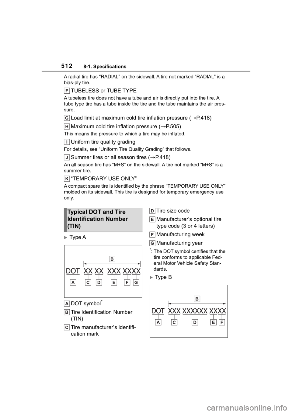 TOYOTA HIGHLANDER 2022  Owners Manual 5128-1. Specifications
A radial tire has “RADIAL” on the sidewall. A tire not marked “RADIAL” is a 
bias-ply tire.
TUBELESS or TUBE TYPE
A tubeless tire does not have a  tube and air is direct