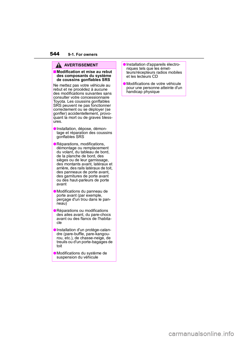 TOYOTA HIGHLANDER 2022  Owners Manual 5449-1. For owners
AVERTISSEMENT
■Modification et mise au rebut 
des composants du système 
de coussins gonflables SRS
Ne mettez pas votre véhicule au 
rebut et ne procédez à aucune 
des modific