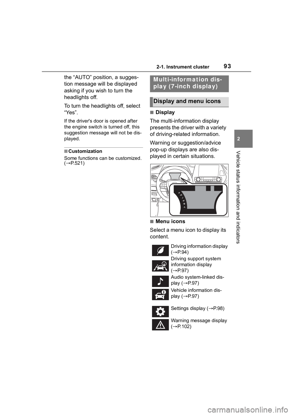 TOYOTA HIGHLANDER 2022  Owners Manual 932-1. Instrument cluster
2
Vehicle status information and indicators
the “AUTO” position, a sugges-
tion message will be displayed 
asking if you wish to turn the 
headlights off.
To turn the hea