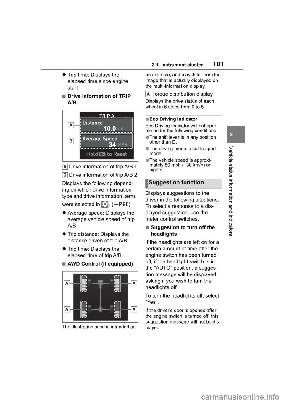 TOYOTA HIGHLANDER 2023  Owners Manual 1012-1. Instrument cluster
2
Vehicle status information and indicators
Trip time: Displays the 
elapsed time since engine 
start
■Drive information of TRIP 
A/B
Drive information of trip A/B 1
Dr