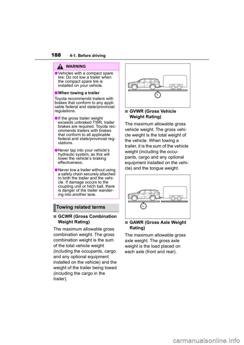 TOYOTA HIGHLANDER 2023  Owners Manual 1884-1. Before driving
■GCWR (Gross Combination 
Weight Rating)
The maximum allowable gross 
combination weight. The gross 
combination weight is the sum 
of the total vehicle weight 
(including the