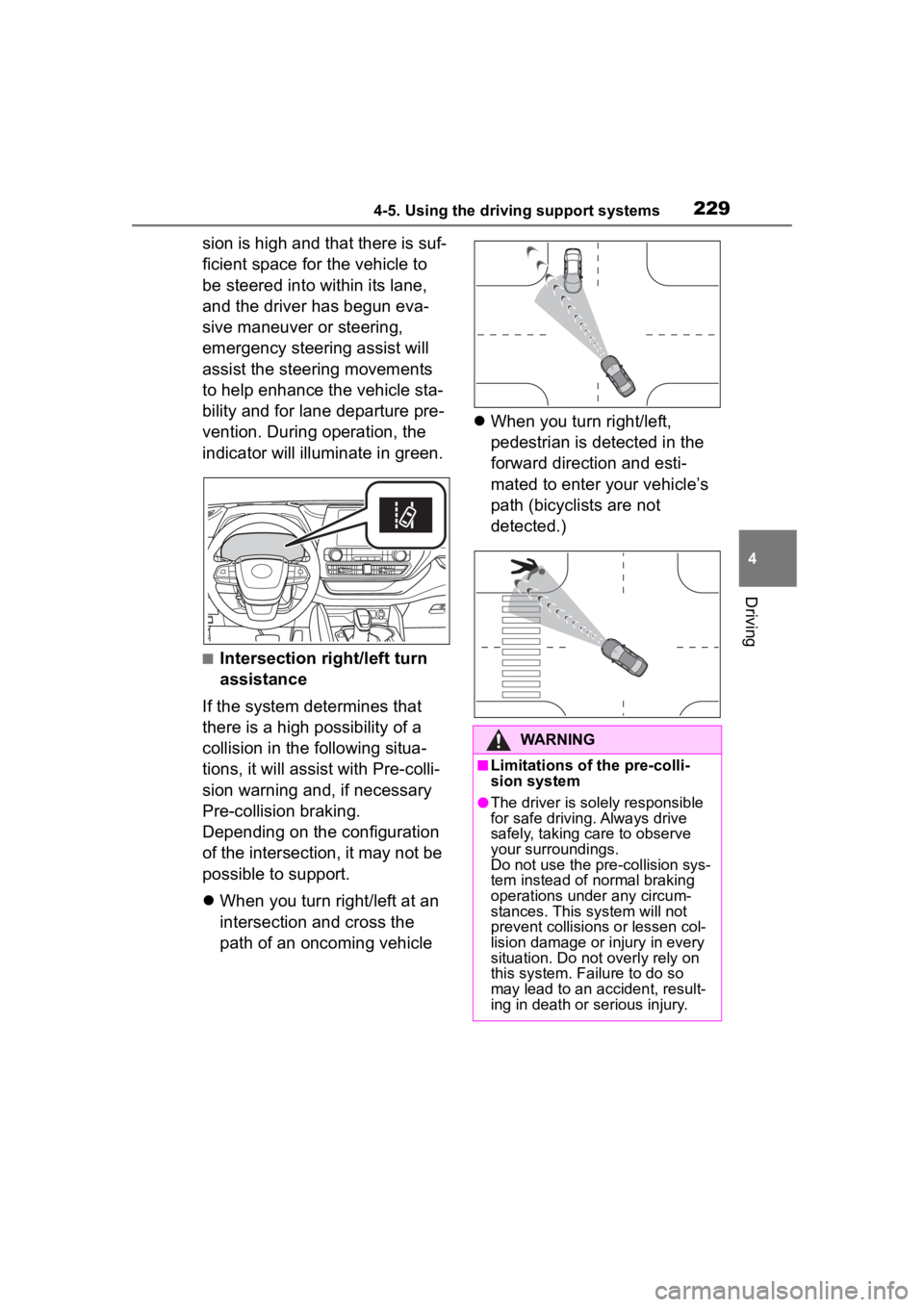 TOYOTA HIGHLANDER 2023  Owners Manual 2294-5. Using the driving support systems
4
Driving
sion is high and that there is suf-
ficient space for the vehicle to 
be steered into within its lane, 
and the driver has begun eva-
sive maneuver 