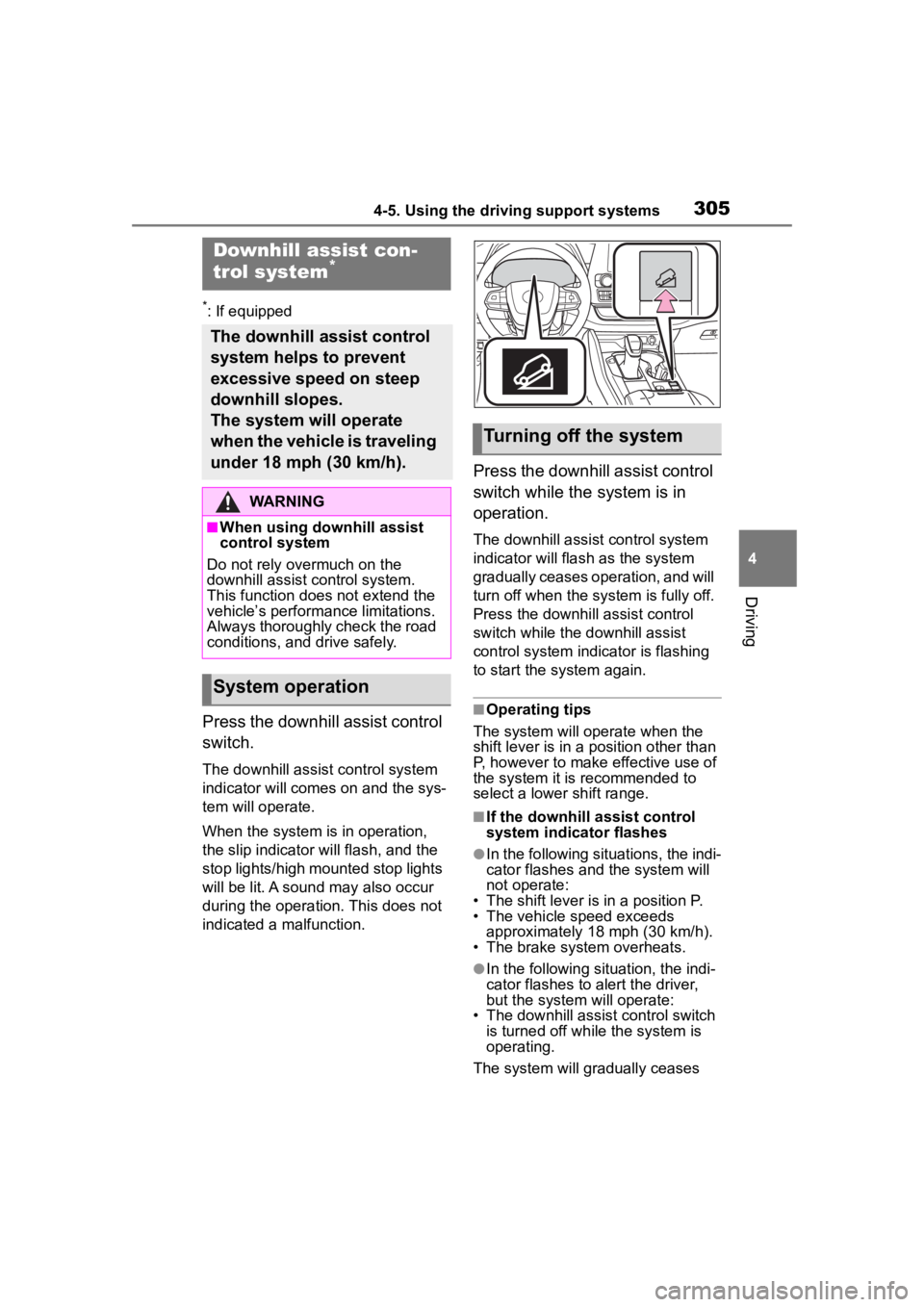 TOYOTA HIGHLANDER 2023  Owners Manual 3054-5. Using the driving support systems
4
Driving
*: If equipped
Press the downhill assist control 
switch.
The downhill assist control system 
indicator will comes on and the sys-
tem will operate.
