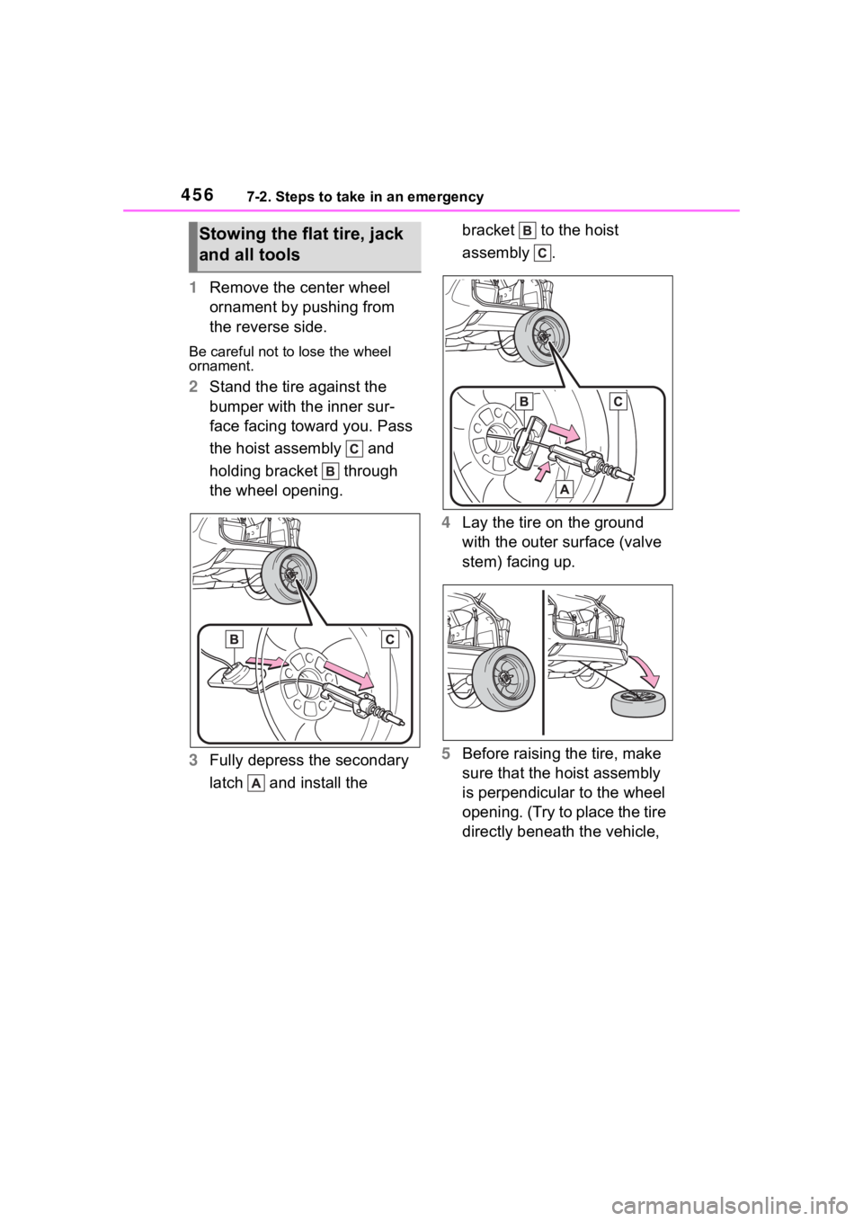TOYOTA HIGHLANDER 2023  Owners Manual 4567-2. Steps to take in an emergency
1Remove the center wheel 
ornament by pushing from 
the reverse side.
Be careful not to lose the wheel 
ornament.
2Stand the tire against the 
bumper with the inn