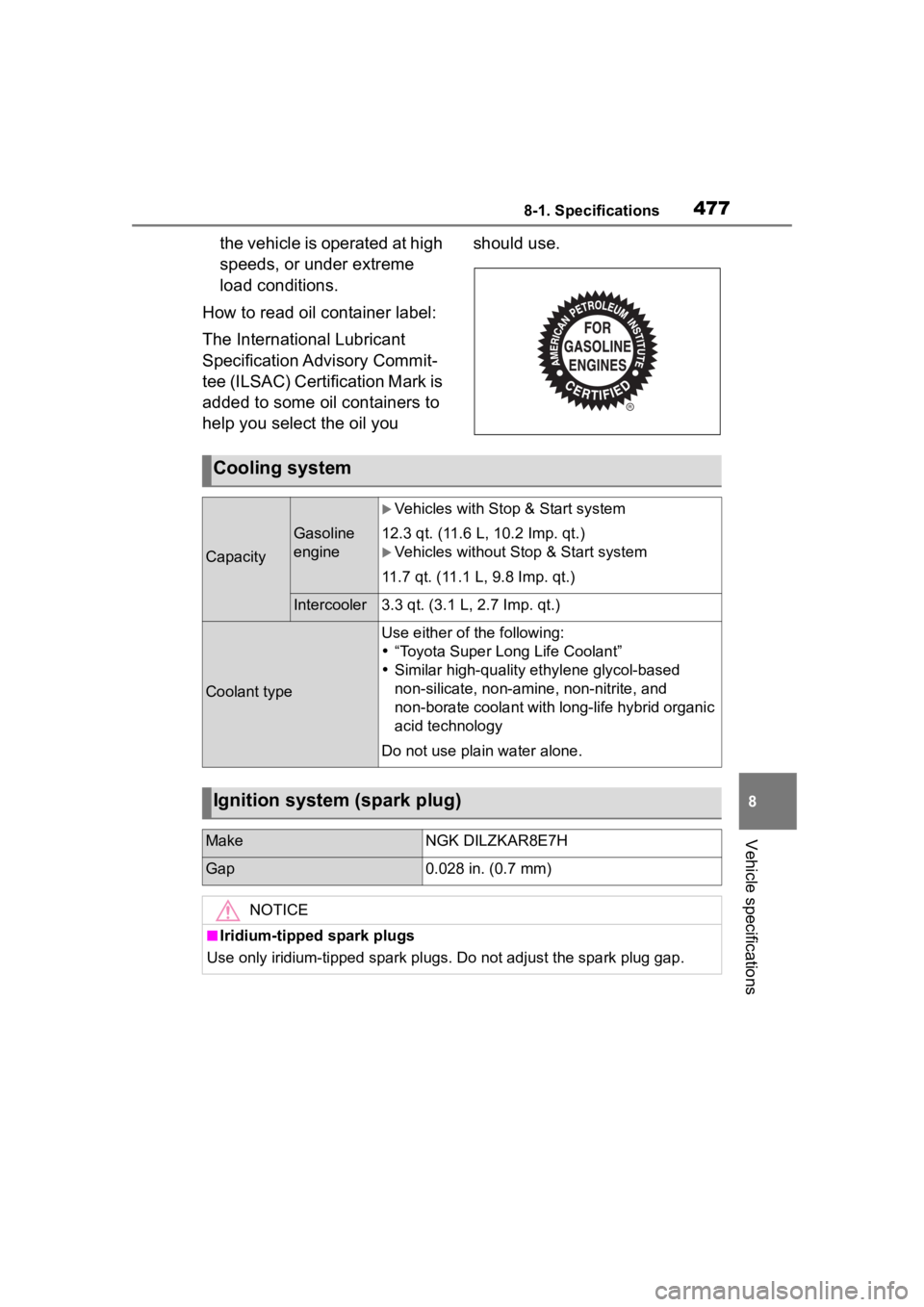 TOYOTA HIGHLANDER 2023  Owners Manual 4778-1. Specifications
8
Vehicle specifications
the vehicle is operated at high 
speeds, or under extreme 
load conditions.
How to read oil container label:
The International Lubricant 
Specification 