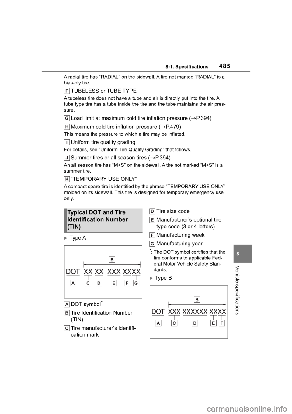 TOYOTA HIGHLANDER 2023  Owners Manual 4858-1. Specifications
8
Vehicle specifications
A radial tire has “RADIAL” on the sidewall. A tire not marked “RADIAL” is a 
bias-ply tire.
TUBELESS or TUBE TYPE
A tubeless tire does not have 