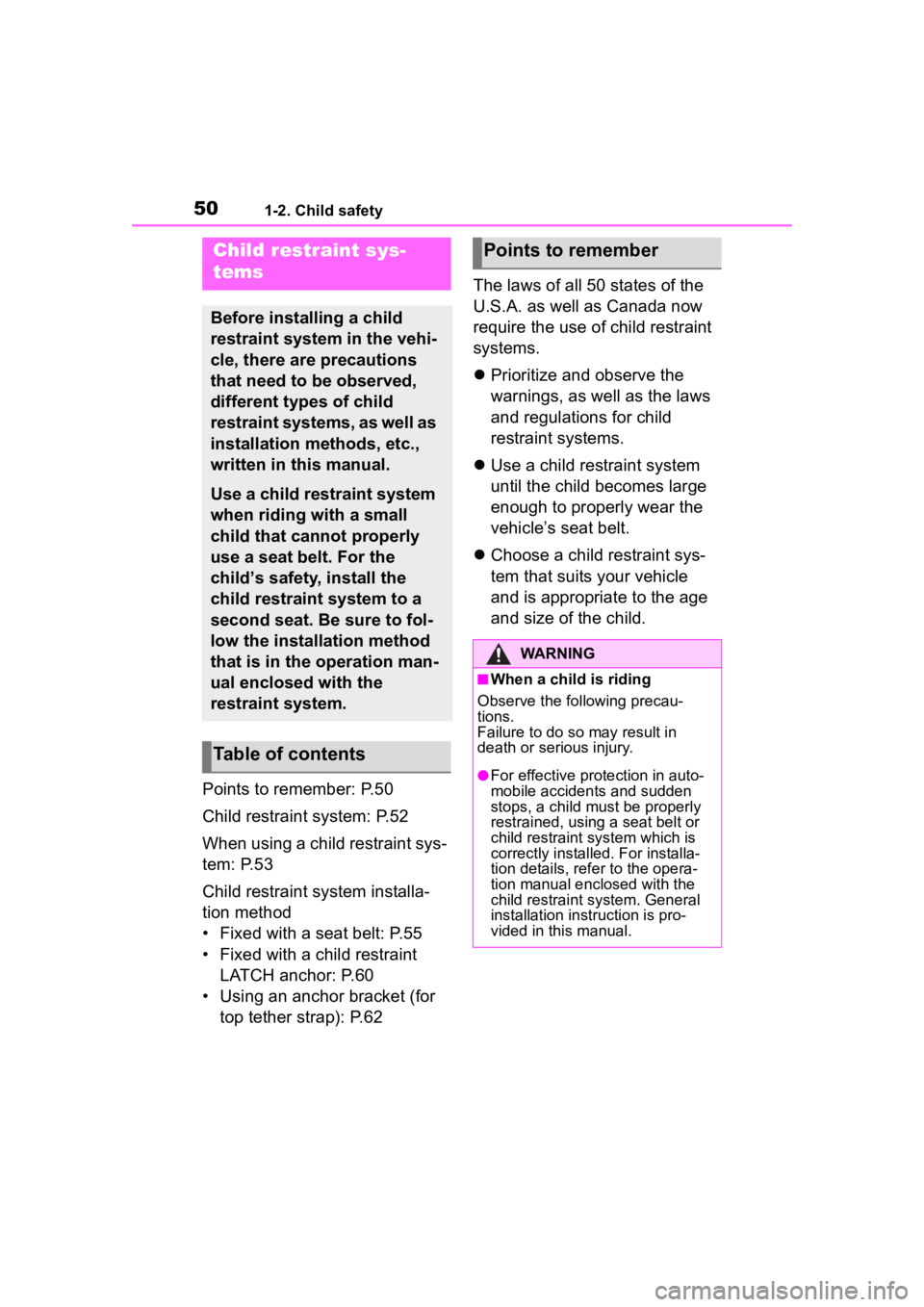 TOYOTA HIGHLANDER 2023  Owners Manual 501-2. Child safety
Points to remember: P.50
Child restraint system: P.52
When using a child restraint sys-
tem: P.53
Child restraint system installa-
tion method
• Fixed with a seat belt: P.55
• 