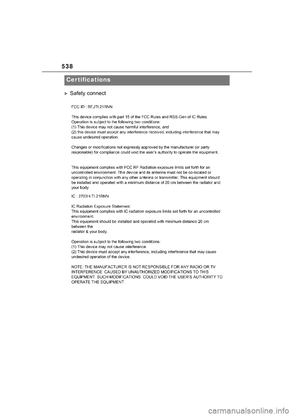 TOYOTA HIGHLANDER 2023  Owners Manual 538
Safety connect
Cer tifications 