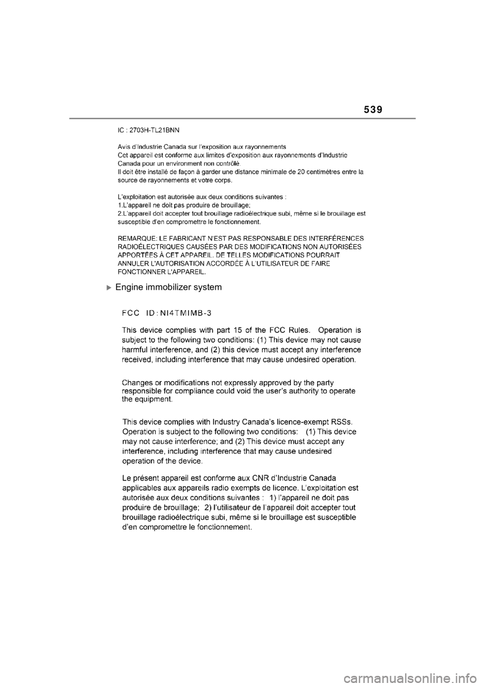 TOYOTA HIGHLANDER 2023  Owners Manual 539
Engine immobilizer system 