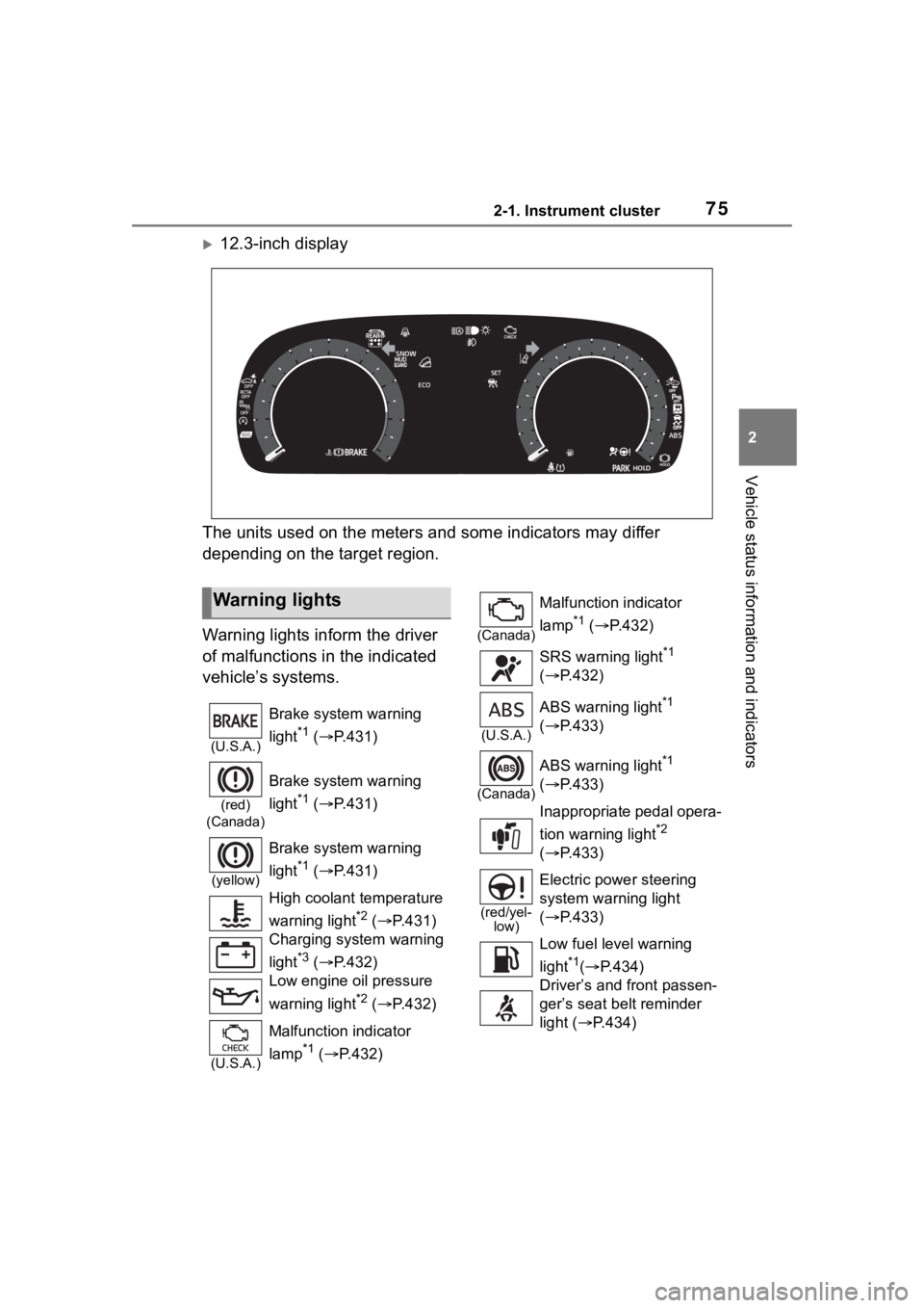 TOYOTA HIGHLANDER 2023  Owners Manual 752-1. Instrument cluster
2
Vehicle status information and indicators
12.3-inch display
The units used on the meters and some indicators may differ 
depending on the target region.
Warning lights i