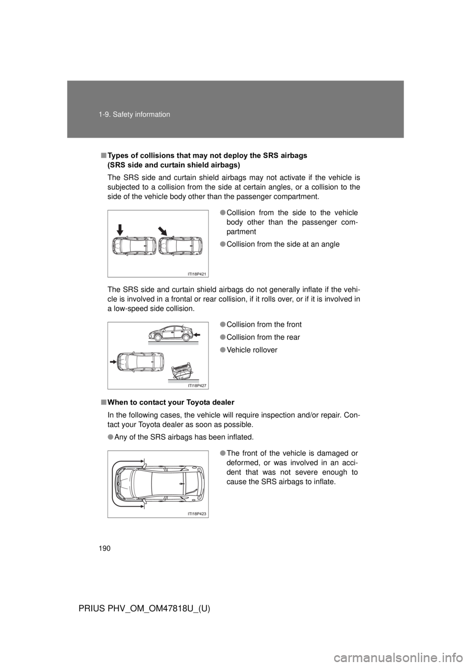 TOYOTA PRIUS PHV 2012  Owners Manual 190 1-9. Safety information
PRIUS PHV_OM_OM47818U_(U)
■Types of collisions that m ay not deploy the SRS airbags 
(SRS side and curtain shield airbags)
The SRS side and curtain shield airbags may not